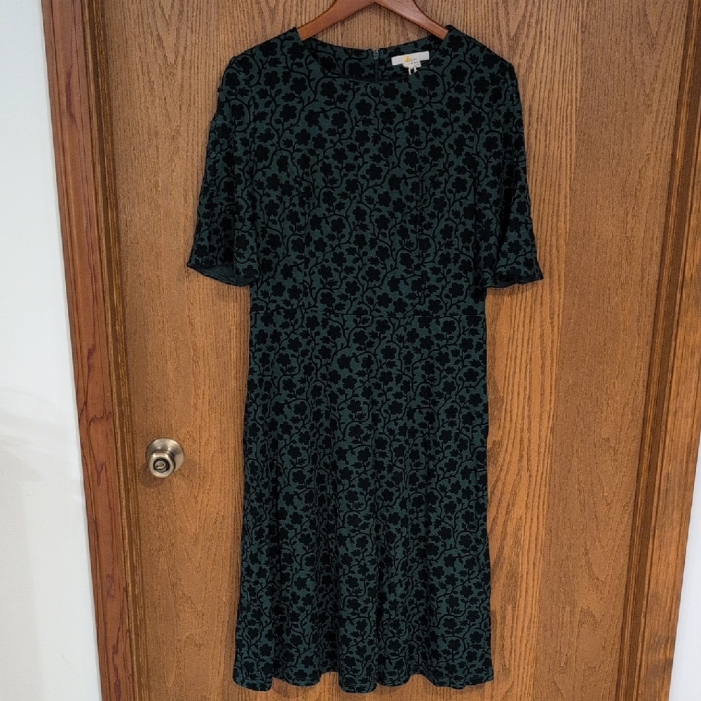 Boden Black and Green Floral Midi Dress Fully Lined